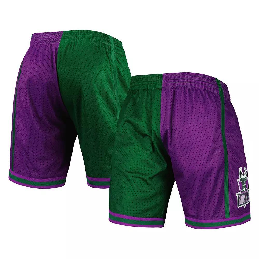 Men's Mitchell & Ness Green/Purple Milwaukee Bucks Hardwood Classics 1996 Split Swingman Shorts, Size: XL Product Image
