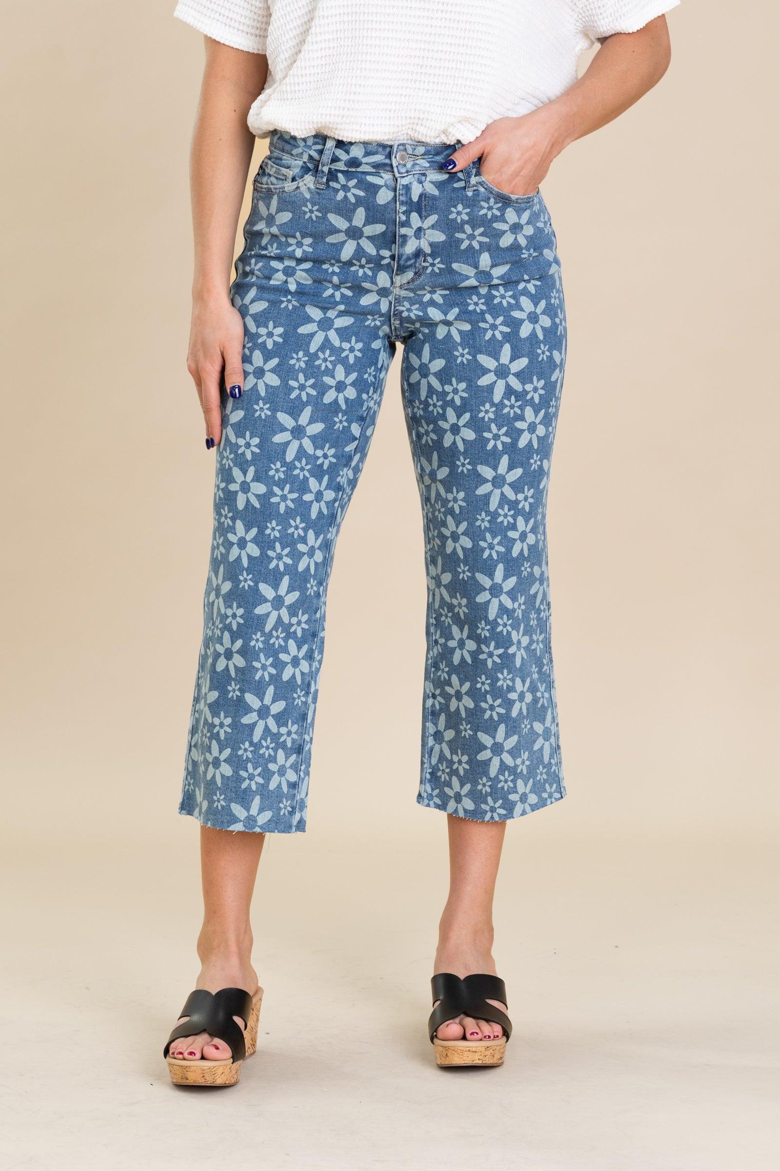 Judy Blue Flower Print Crop Wide Jeans Product Image