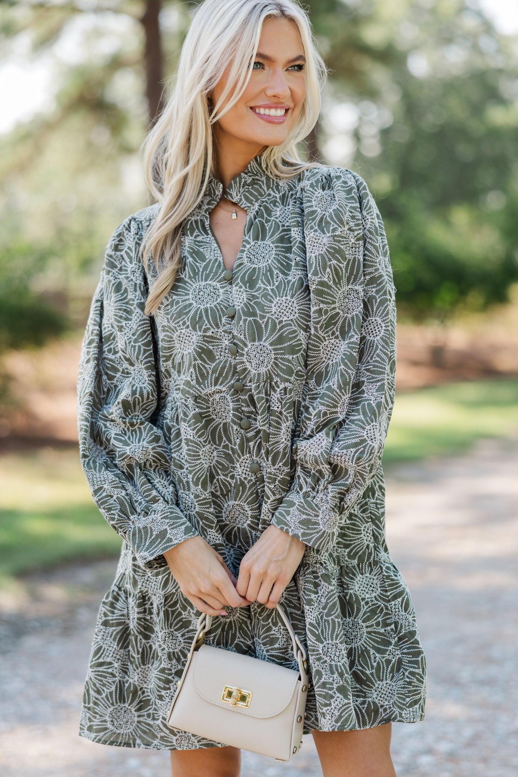 Thoughtful Wishes Olive Green Floral Dress Female Product Image