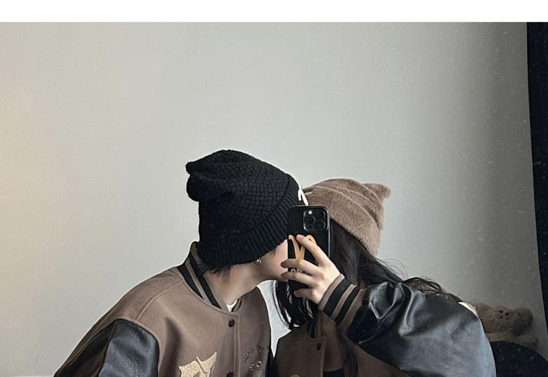 Couple Matching Letter Embroidered Faux Leather Panel Single-Breasted Baseball Jacket Product Image