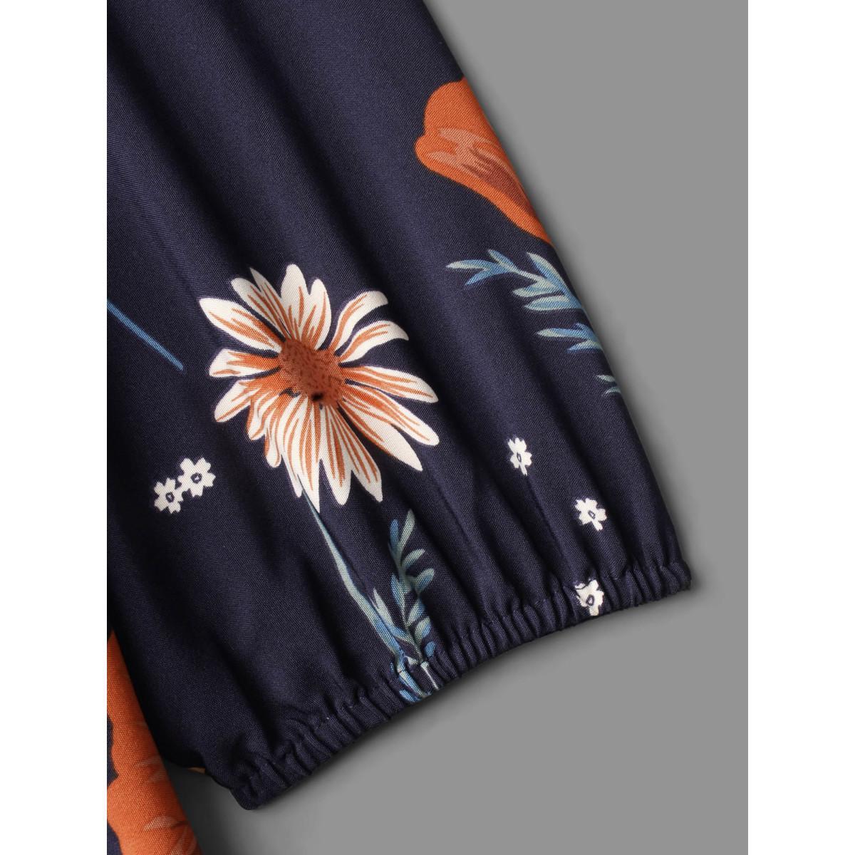 Plus Size Floral Boho Print Lantern Sleeve Dress Indigo Women Elegant Non Round Neck Long Sleeve Curvy BloomChic 14-16/1X Product Image
