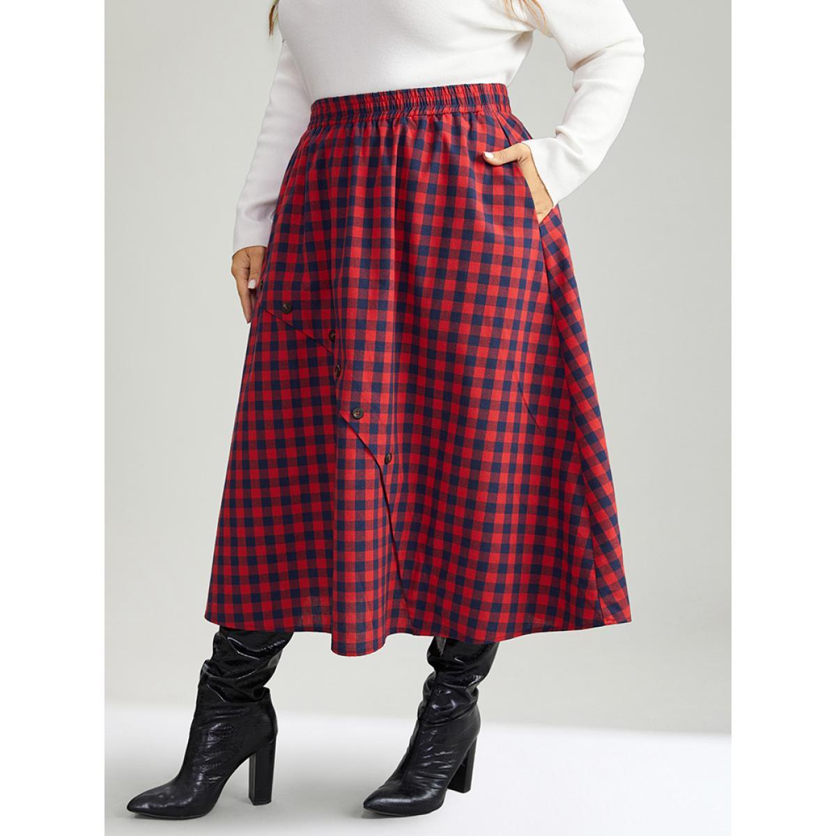 Plus Size Gingham Pocket Elastic Waist Button Detail Skirt Women Scarlet Elegant Elastic Waist Loose No stretch Pocket Festival-Christmas Skirts BloomChic 30/6X Product Image
