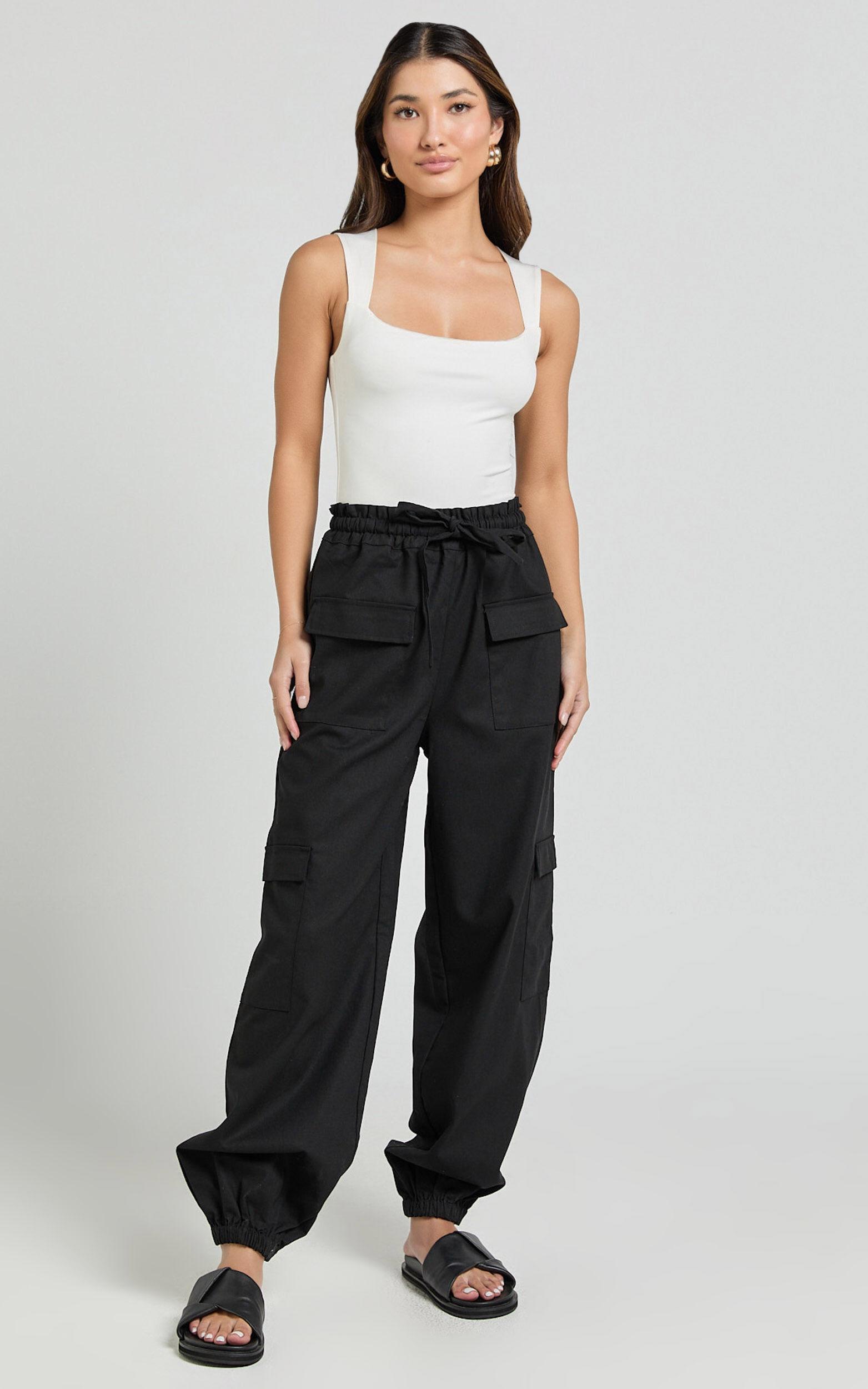 Simpson Pants - Linen Tie Waist Pocket Detail Cargo Pants in Black Product Image