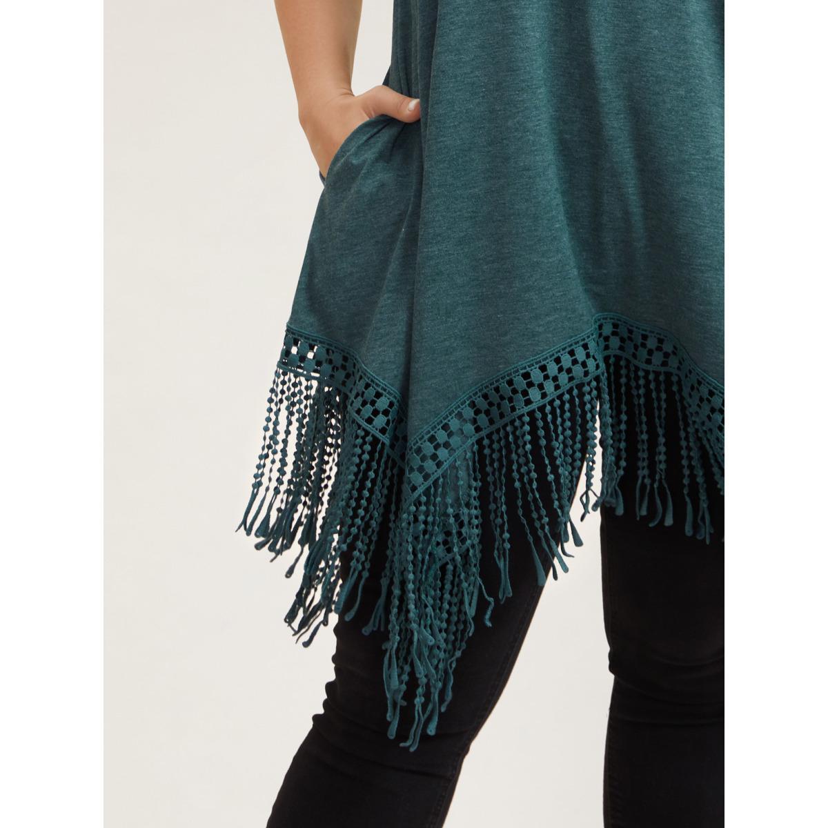 Plus Size Hi-Low Tassel Hem Stretchy Plain T-Shirt DarkGreen Women Elegant Tassels Round Neck Loose Everyday T-shirts BloomChic 18-20/2X Product Image