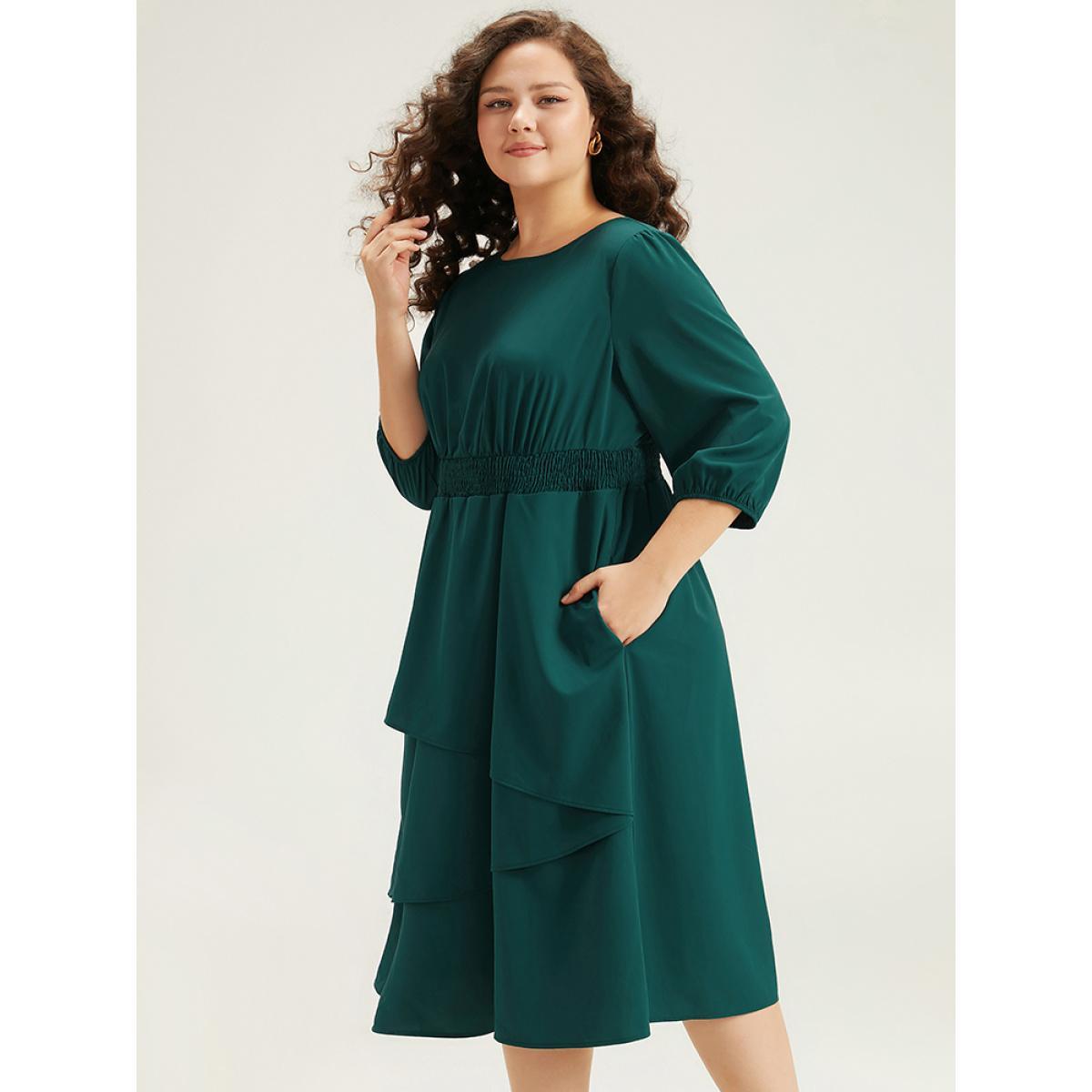 Plus Size Twill Flutter Shirred Asymmetrical Layered Hem Dress Teal Women At the Office Elastic cuffs Round Neck Elbow-length sleeve Curvy Midi Dress BloomChic 26/4X Product Image