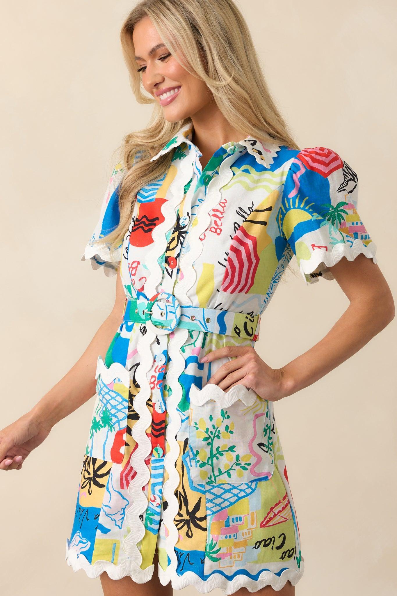 Prosperina Beatrice Multi Tropical Print Linen Belted Mini Dress Product Image