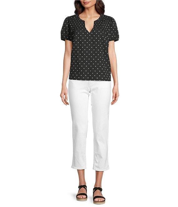 Lucky Brand Woven Polka Dot Split Notch V-Neck Short Puff Sleeve Blouse Product Image