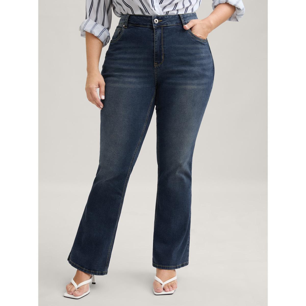 Plus Size Bootcut Very Stretchy Mid Rise Medium Wash Sculpt Waist Jeans Women Blue Elegant Plain Non High stretch Slanted pocket Jeans BloomChic 14/1X Product Image