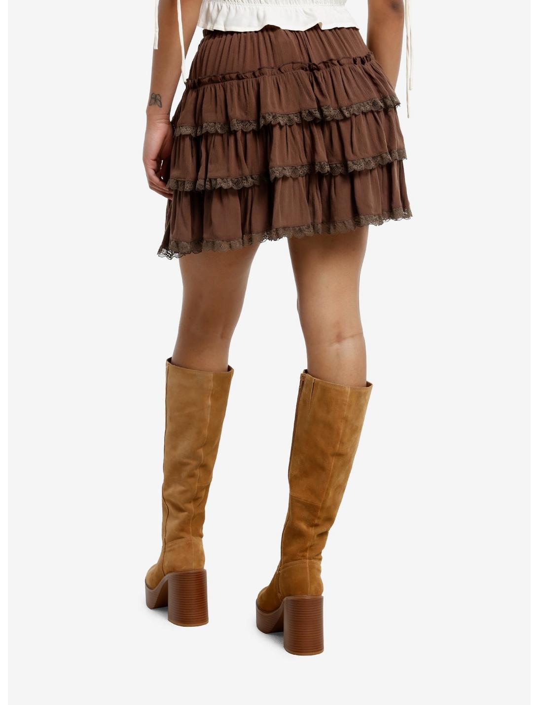 Thorn & Fable Brown Lace Trim Tiered Mini Skirt Product Image