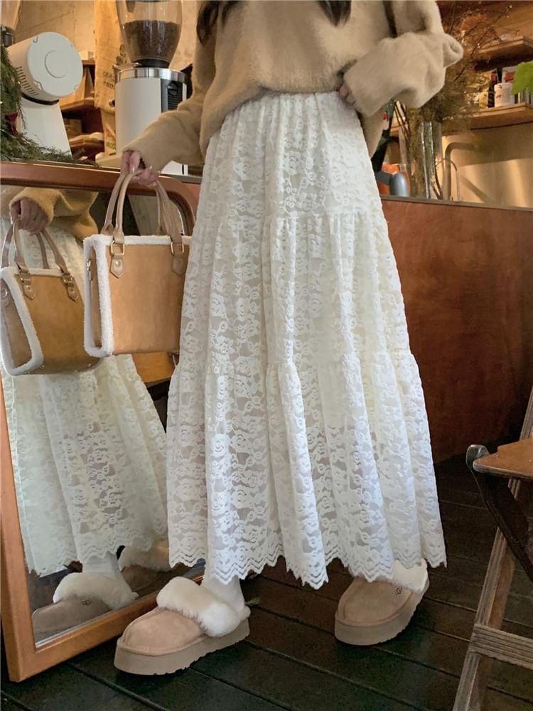 High Rise Lace Maxi A-Line Skirt Product Image