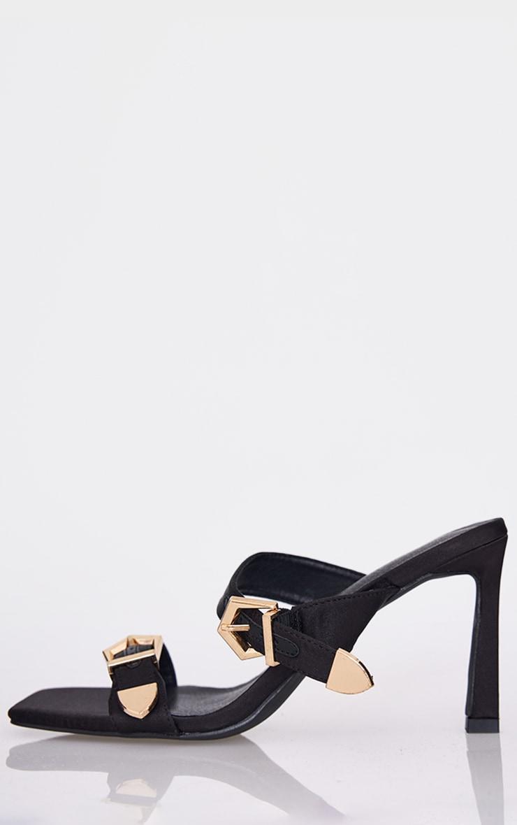 Black Satin Wide Fit Square Toe Buckle Strap High Stiletto Heeled Mules Product Image