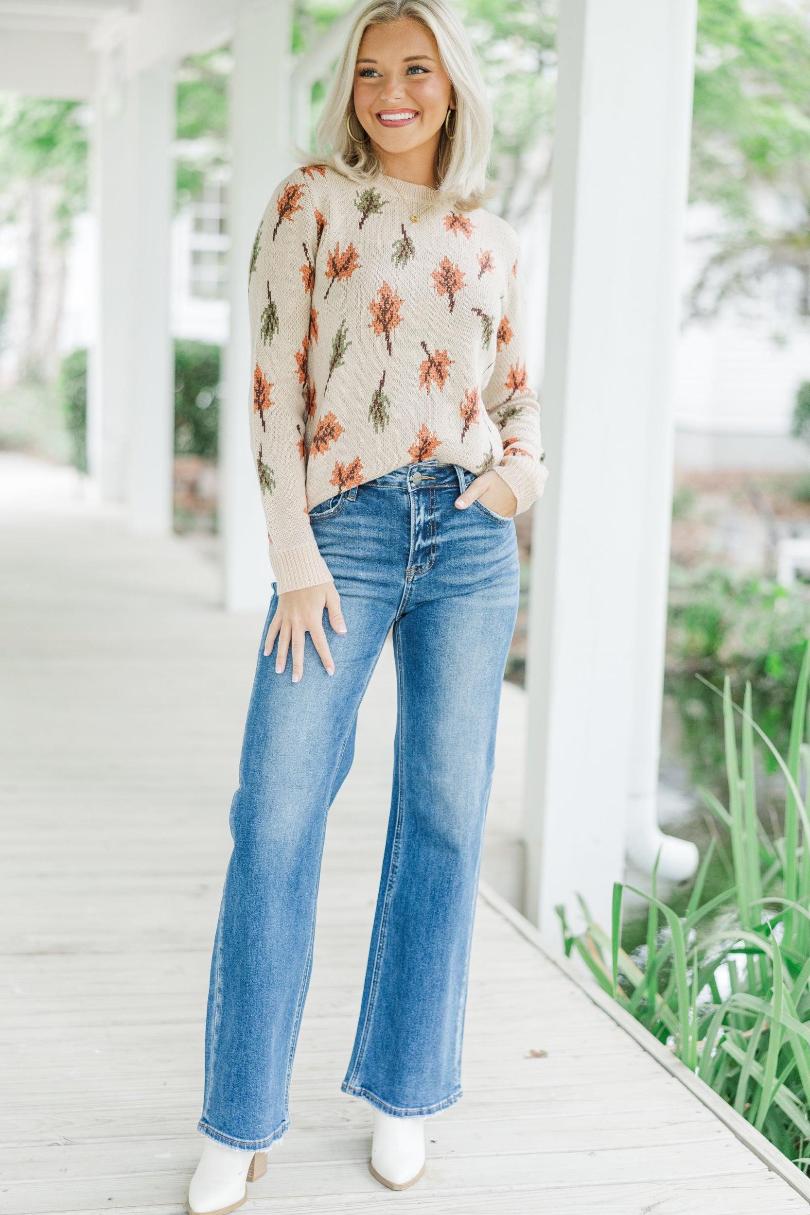 Take A Moment Taupe Leaf Print Sweater Female Product Image