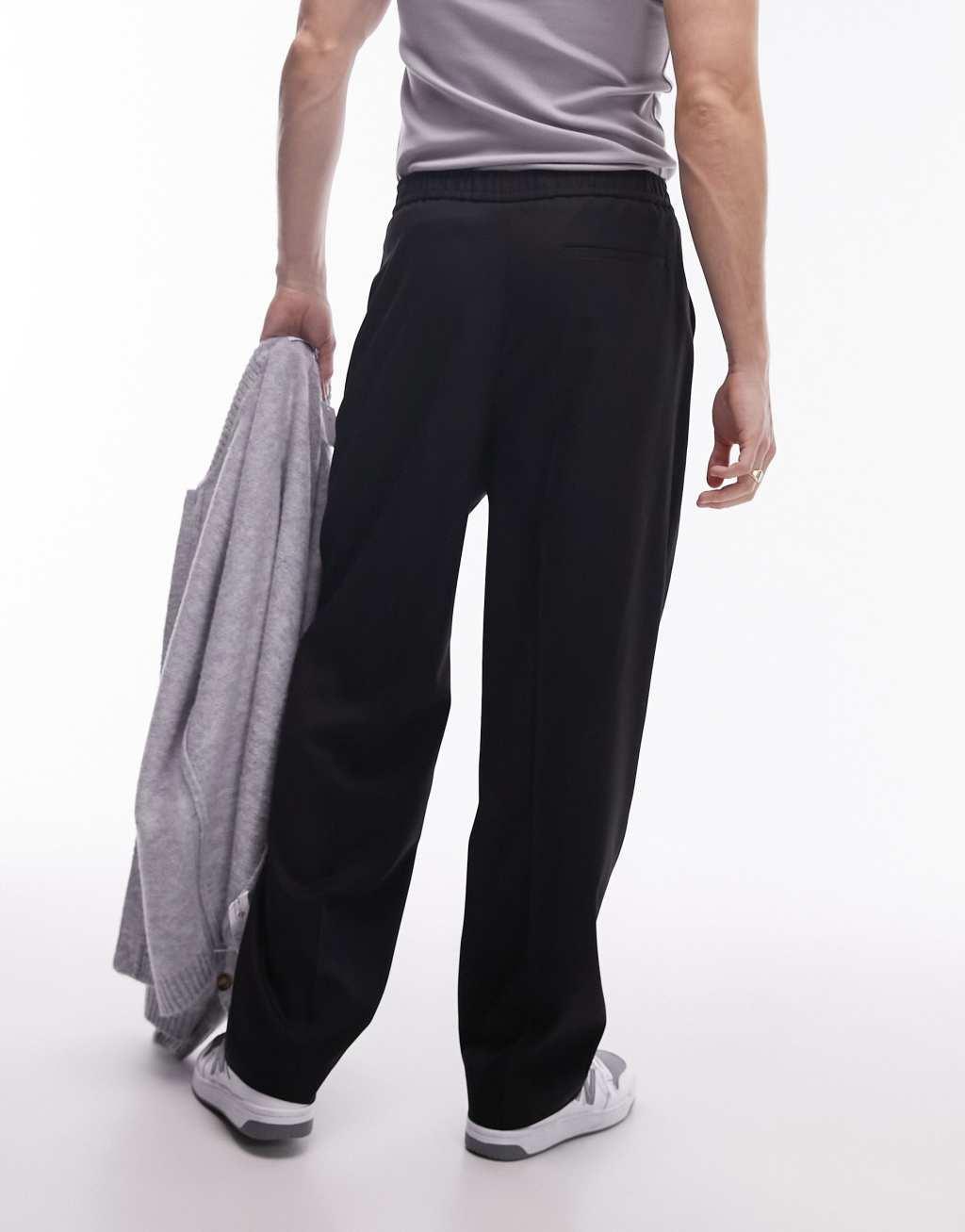 Topman elastic waist wide leg pants in black Product Image