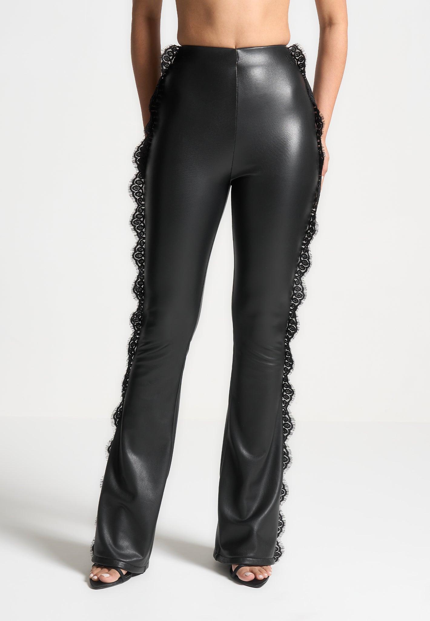 Lace Trim Leather Fit and Flare Leggings - Black Female Product Image