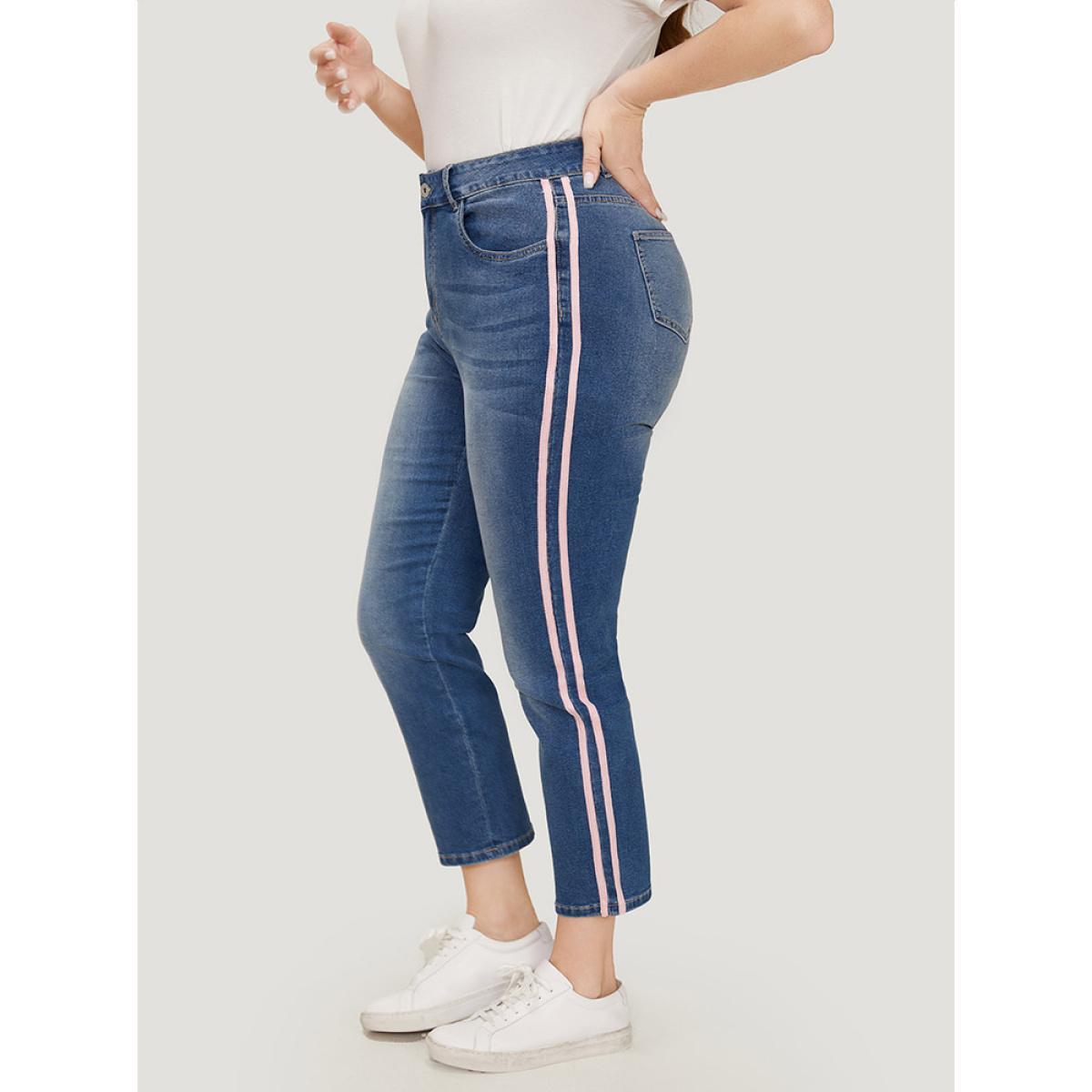 Plus Size Very Stretchy Medium Wash Contrast Striped Jeans Women Blue Casual Plain Patchwork High stretch Pocket Jeans BloomChic 14/1X Product Image
