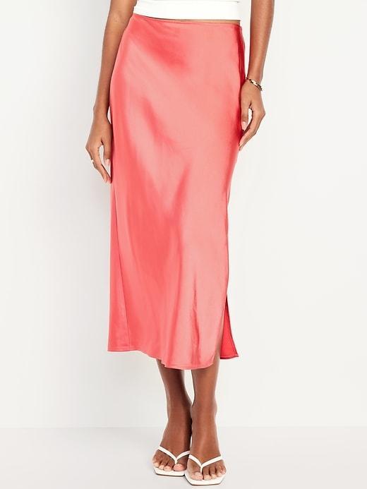 High-Waisted Satin Midi Slip Skirt Product Image