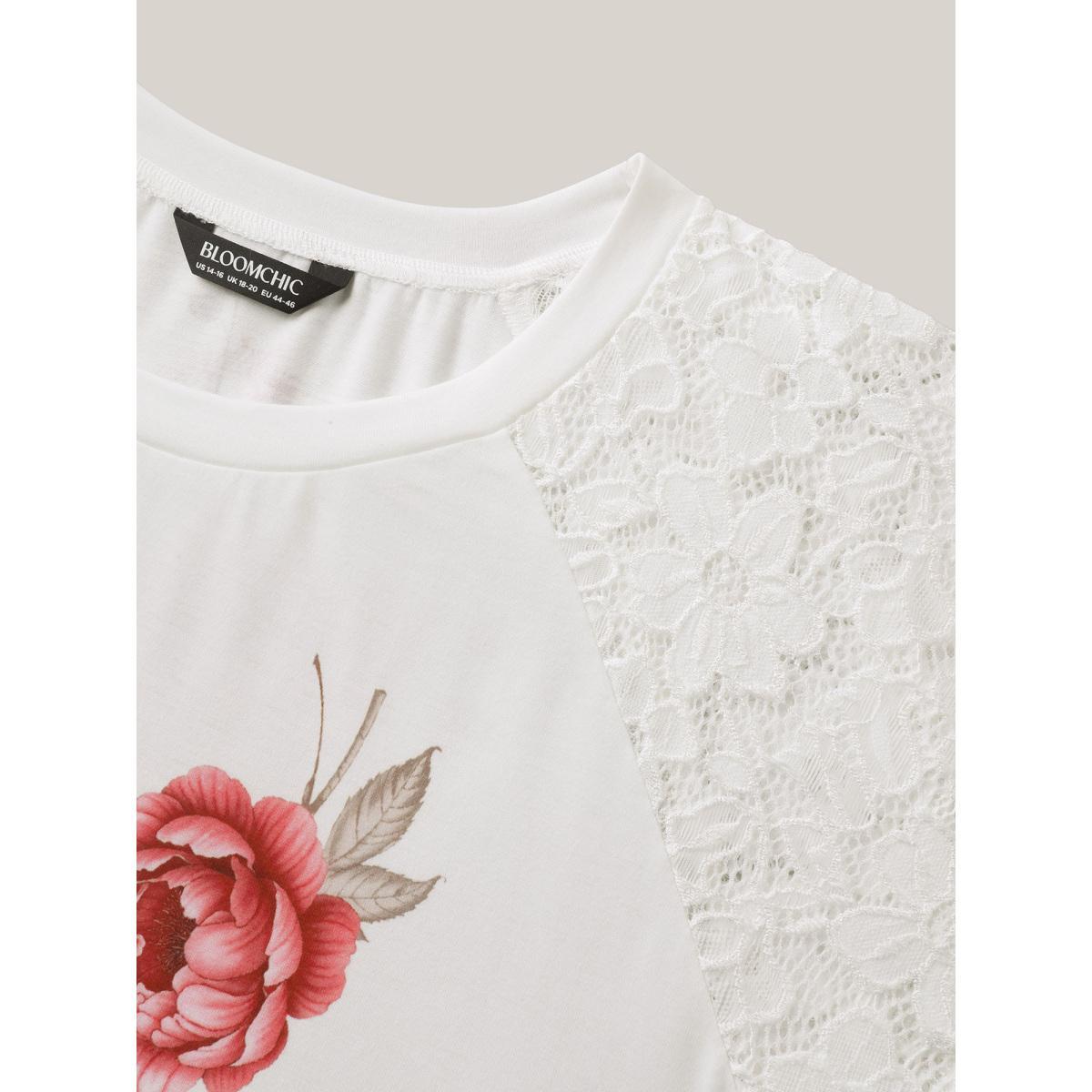 Plus Size Lace Sleeve Layered Floral T-Shirt WhiteSmoke Women Contrast Natural Flowers Round Neck Everyday-Elegant T-shirts BloomChic 14-16/1X Product Image