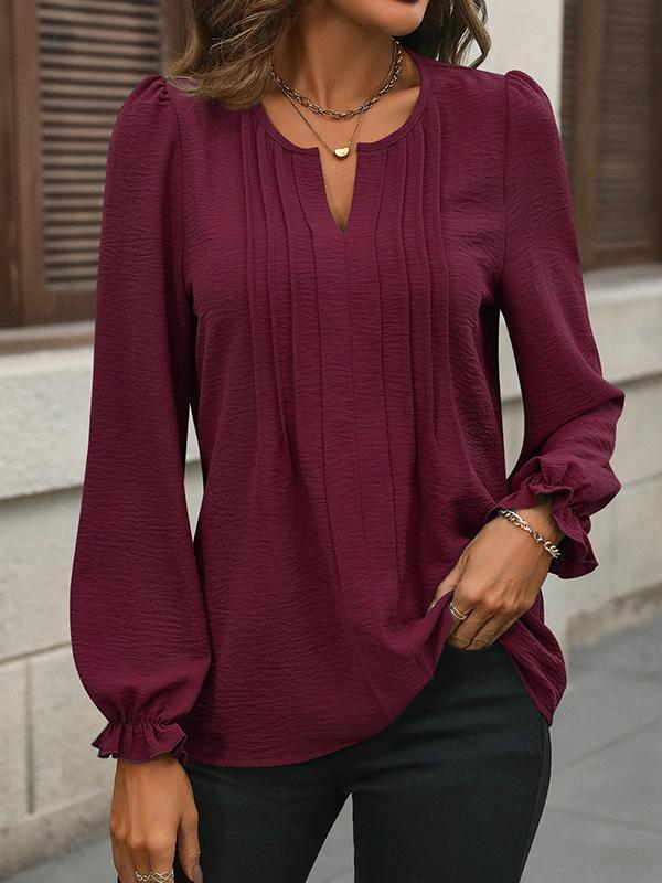 Long Sleeves Loose Pleated Solid Color Split-Joint Round-Neck Blouses&Shirts Tops Product Image