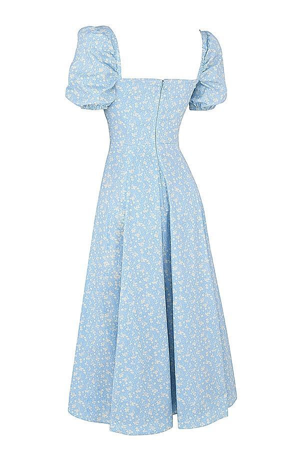 Tallulah Blue Ivory Floral Puff Sleeve Midi Dress Product Image