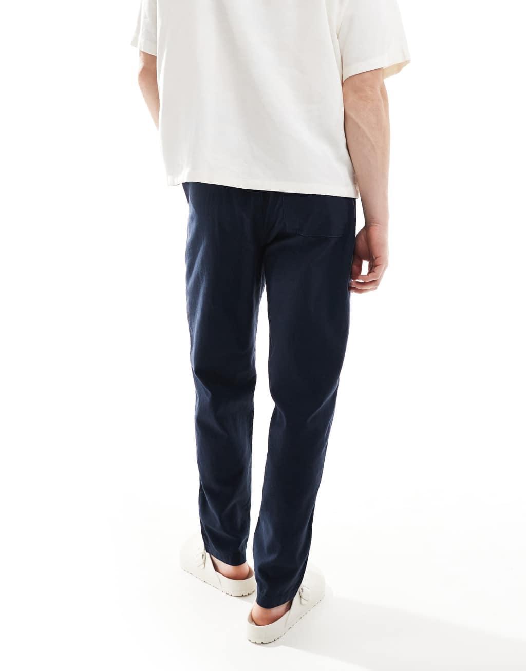 River Island linen look pull on pants in navy Product Image