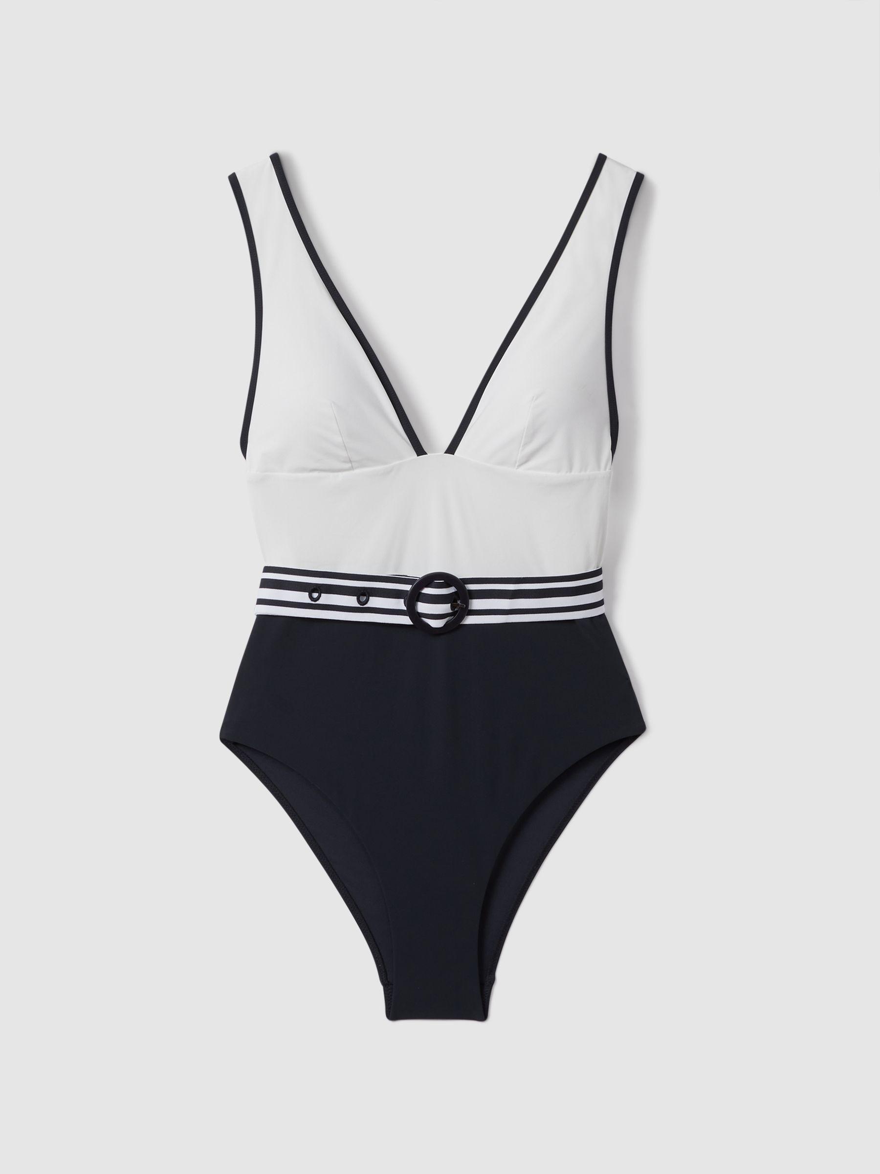 Colourblock Belted Swimsuit in White/Navy Product Image