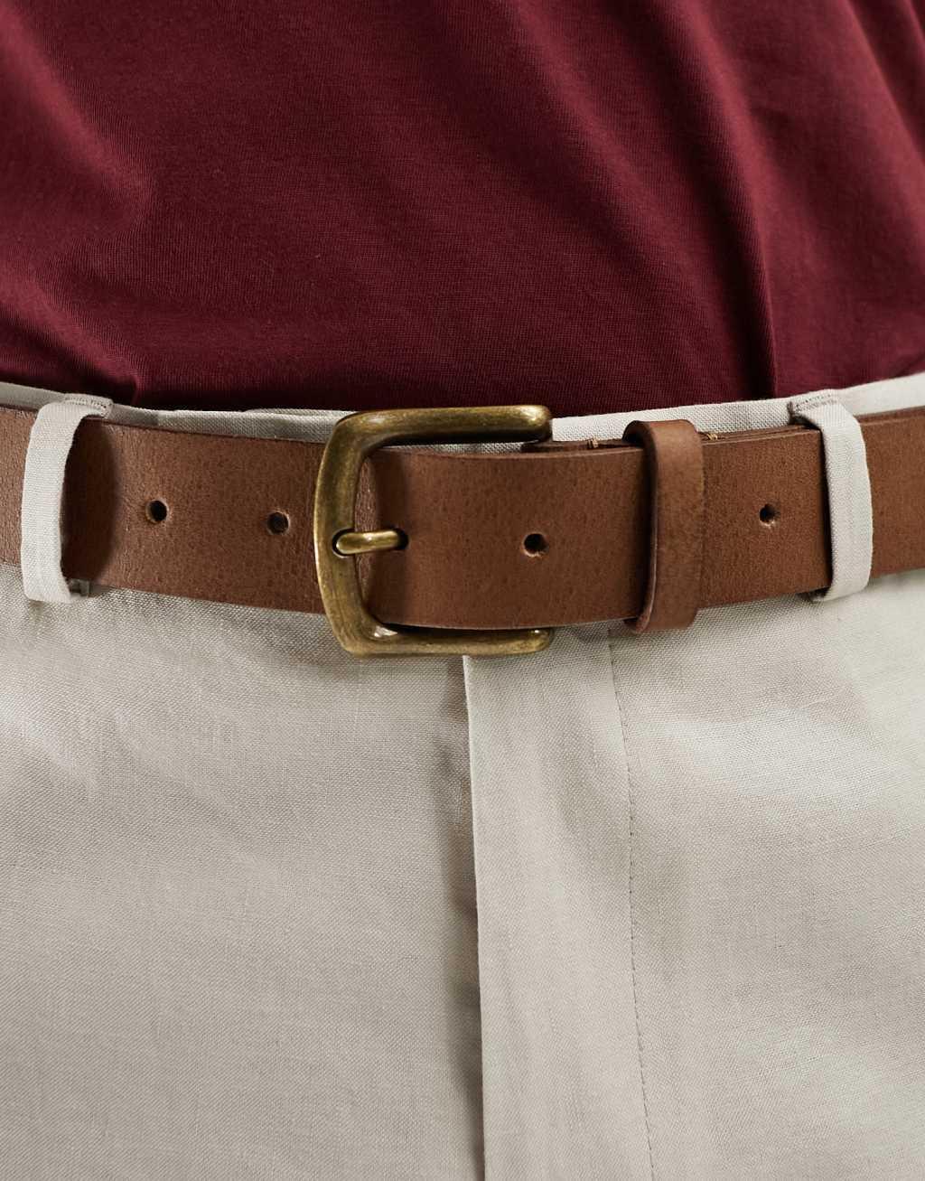 ASOS DESIGN leather belt with burnished gold buckle Product Image