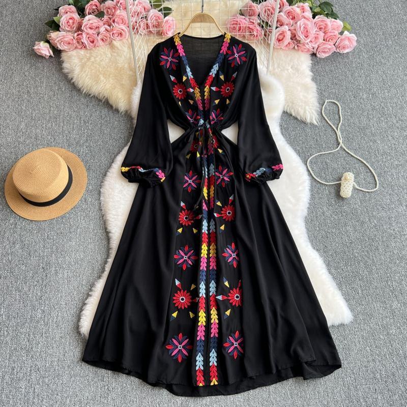 Long Sleeve V-Neck Floral Embroidered Drawstring-Waist Maxi A-Line Dress Product Image