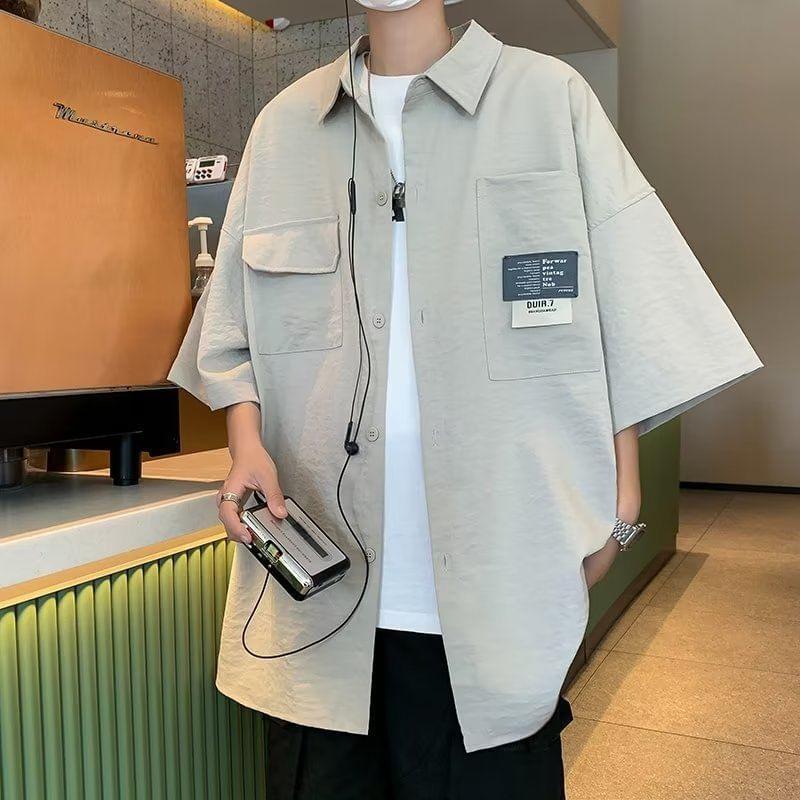 Short-Sleeve Collared Applique Oversized Button Up Shirt Product Image
