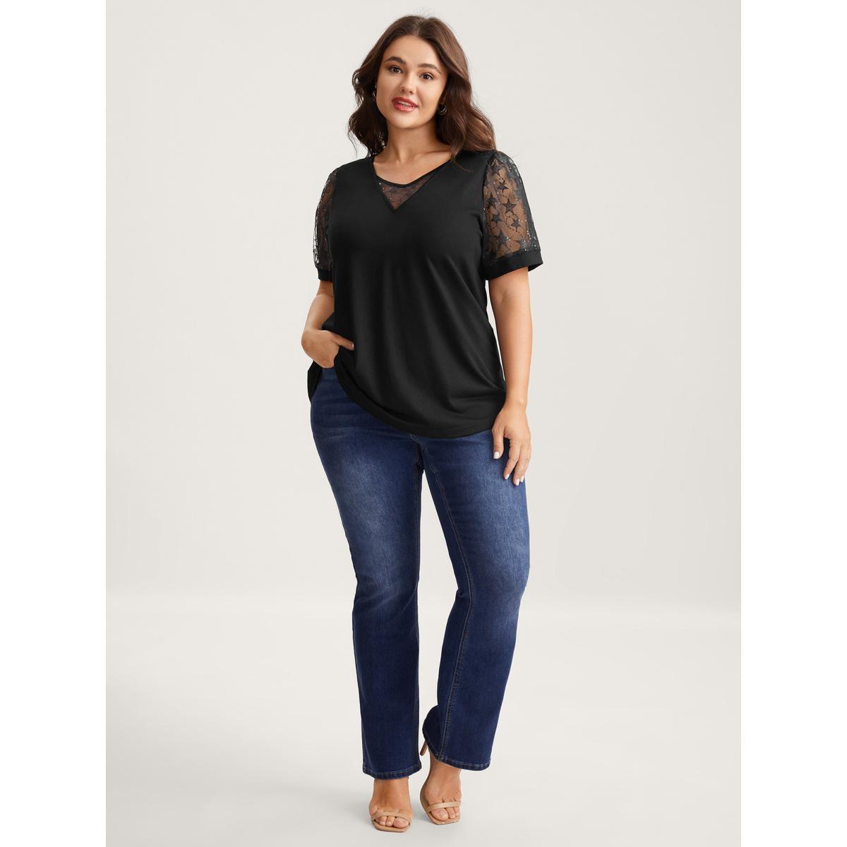 Plus Size Beaded Mesh Sheer Patchwork T-Shirt Black Women Gathered V-neck Everyday-Elegant T-shirts BloomChic 18-20/2X Product Image