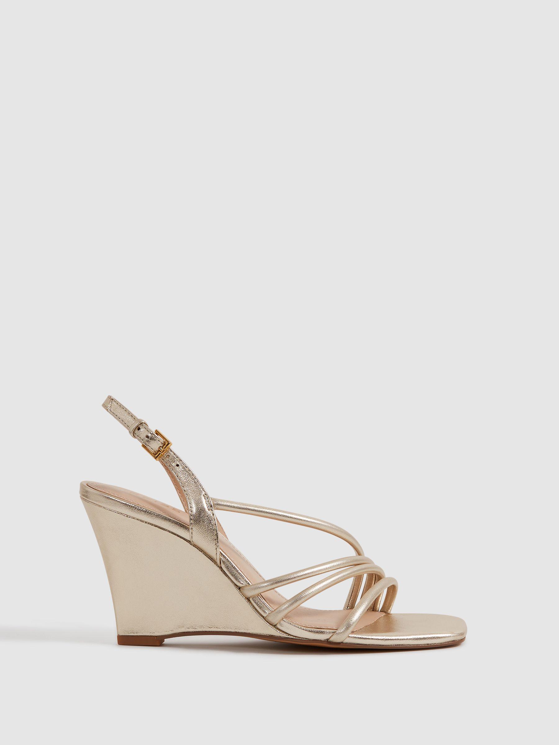 Leather Strappy Wedge Heels in Gold Product Image