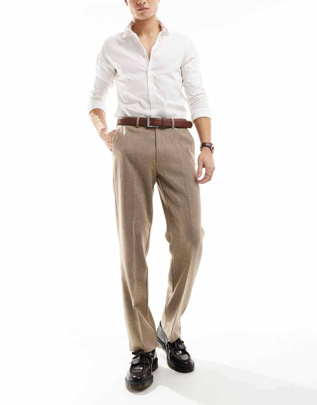ASOS DESIGN smart wool mix straight leg pants in stone twill Product Image