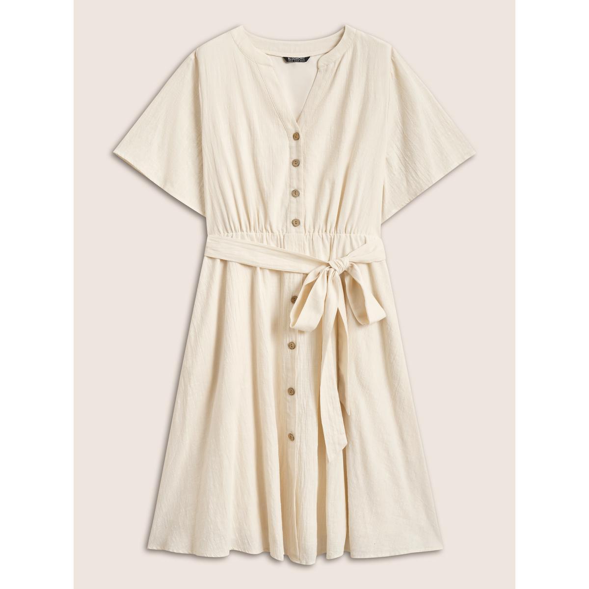 Plus Size Notched Collar Plain Button Detail Belted Dress Ivory Women Casual Belted Notched collar Half Sleeve Curvy BloomChic 10/M Product Image
