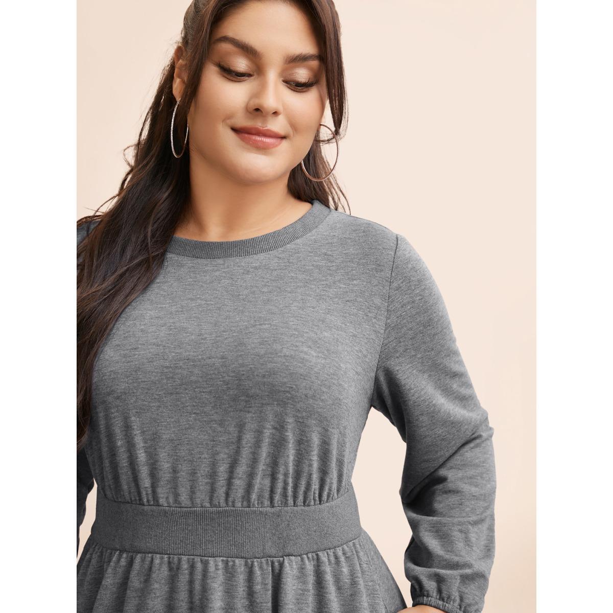 Plus Size Crew Neck Elastic Waist Midi Dress DarkGray Women Casual Patchwork Round Neck Long Sleeve Curvy BloomChic 26/4X Product Image