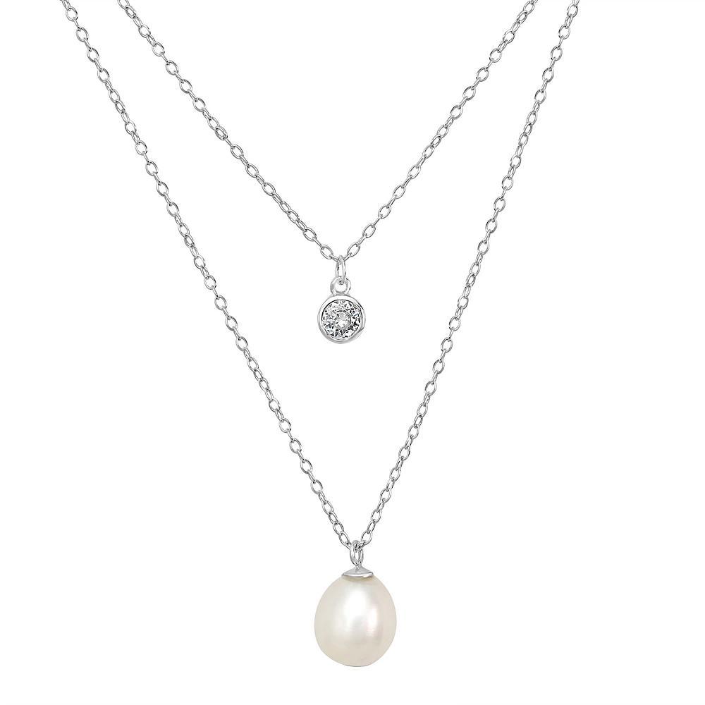 Gemistry Sterling Silver Cubic Zirconia Freshwater Cultured Pearl Double Layer Pendant Necklace, Women's, Size: 18-20" ADJ Product Image