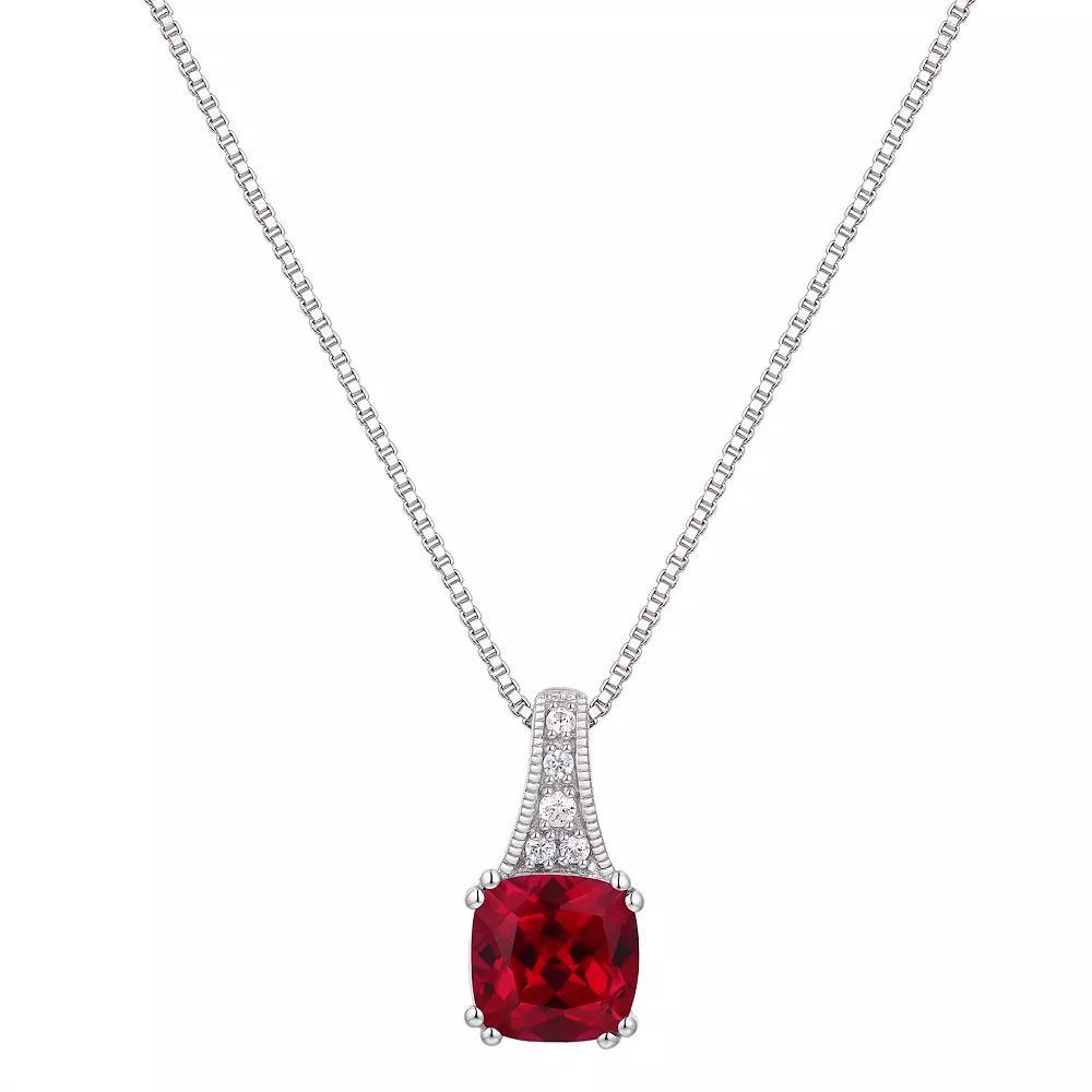 Rhodium Over Sterling Silver Square Gemstone With Lab-Created White Sapphire Accents Pendant Necklace, Women's, Size: 18", Created Red Product Image