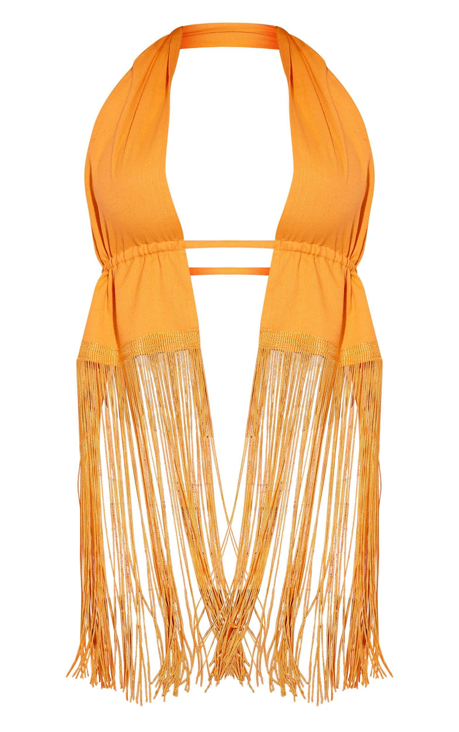 Orange Linen Look Halter Neck Tassel Edge Top Product Image