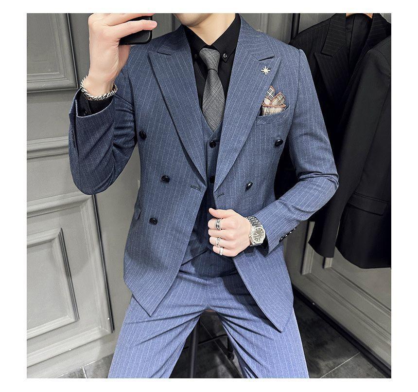 Set: Peak Lapel Striped Double-Breasted Blazer + Mid Rise Cropped Tapered Dress Pants Product Image