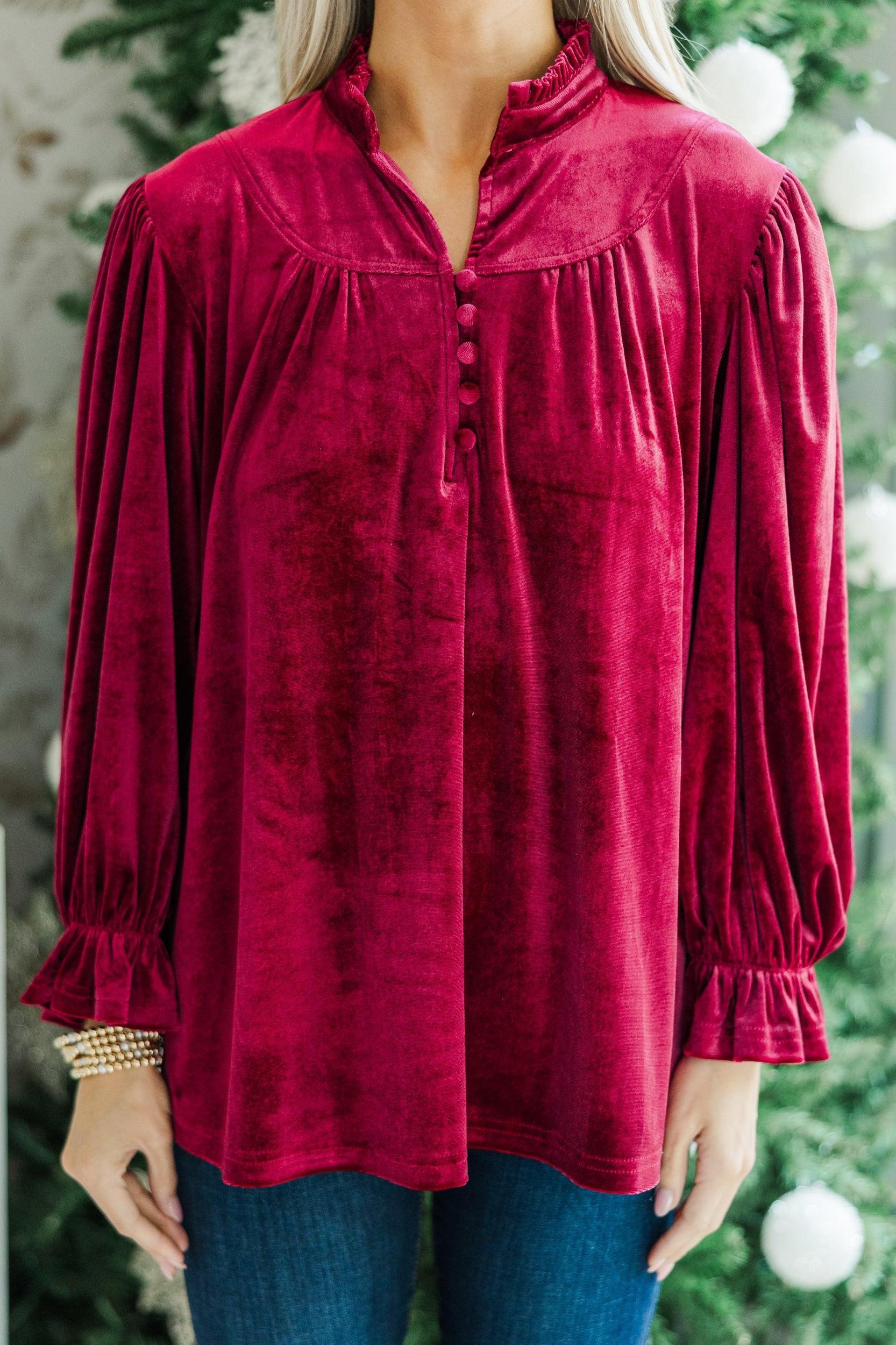 Look Into It Burgundy Red Velvet Blouse Female Product Image