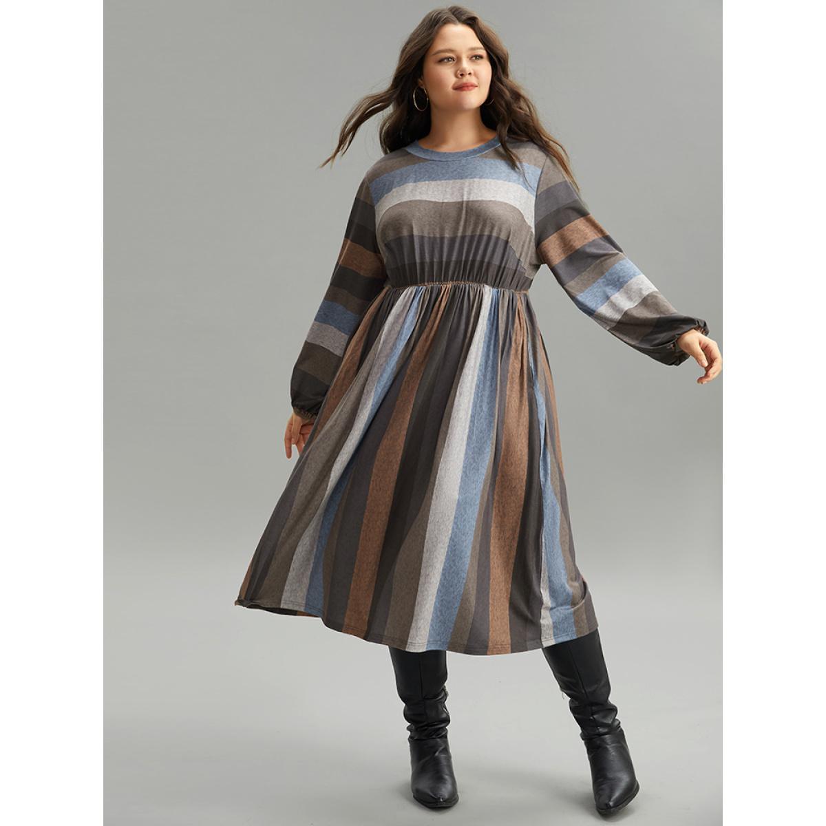 Plus Size Striped Colorblock Contrast Lantern Sleeve Dress Multicolor Women Casual Elastic cuffs Round Neck Long Sleeve Curvy Midi Dress BloomChic 12/L Product Image