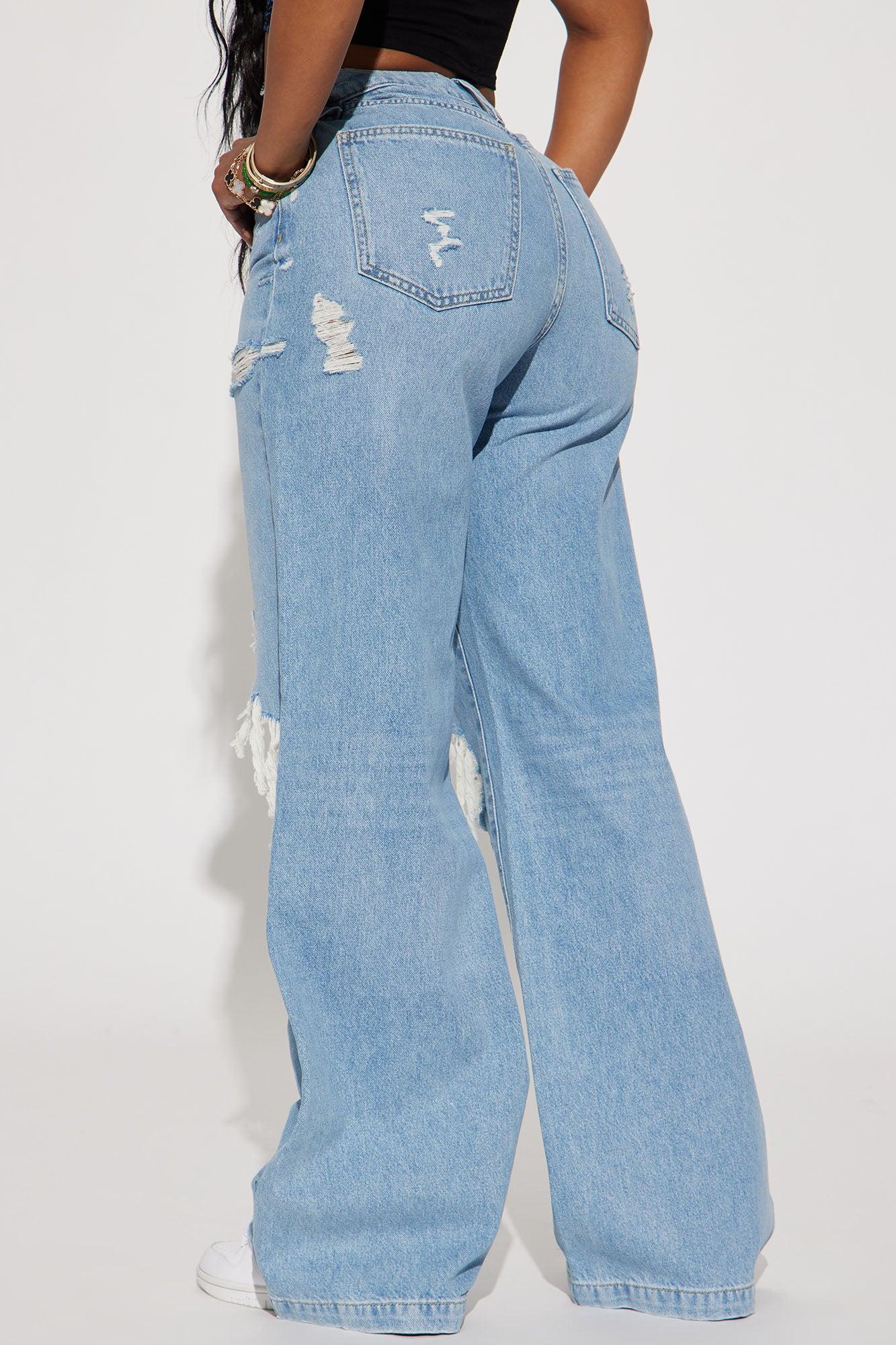 Not A Chance Ripped Non Stretch Wide Leg Jeans - Light Wash Product Image