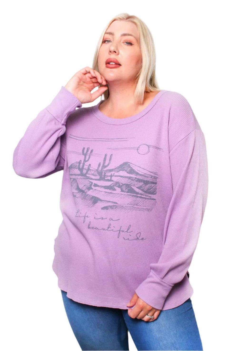 Women's Plus Long Sleeves Waffle Graphic Top Female Product Image