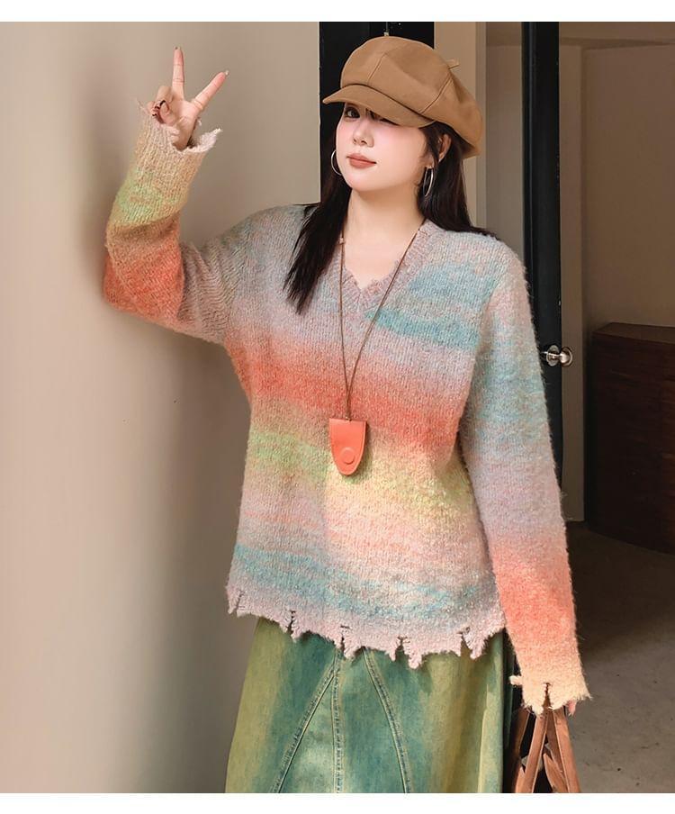 Long-Sleeve V-Neck Tie-Dyed Distressed Sweater Product Image