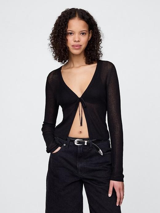 Sheer Rib Cropped Tie-Front Cardigan Product Image