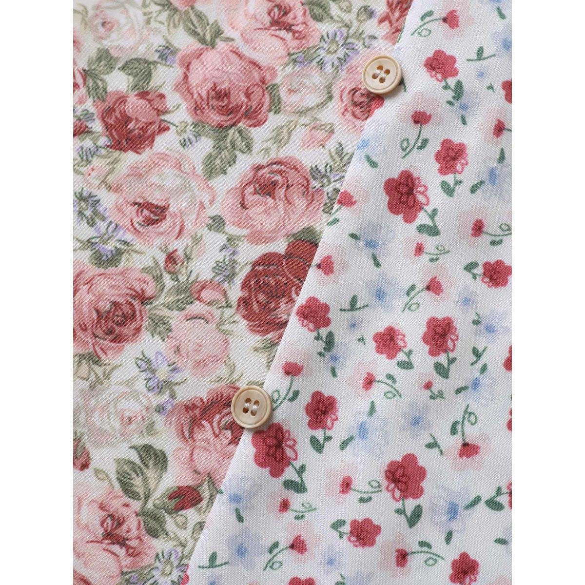 Plus Size Lightpink Floral Contrast Print Button Detail Blouse Women Half Sleeve Notched collar Everyday-Elegant Blouses BloomChic 12/L Product Image