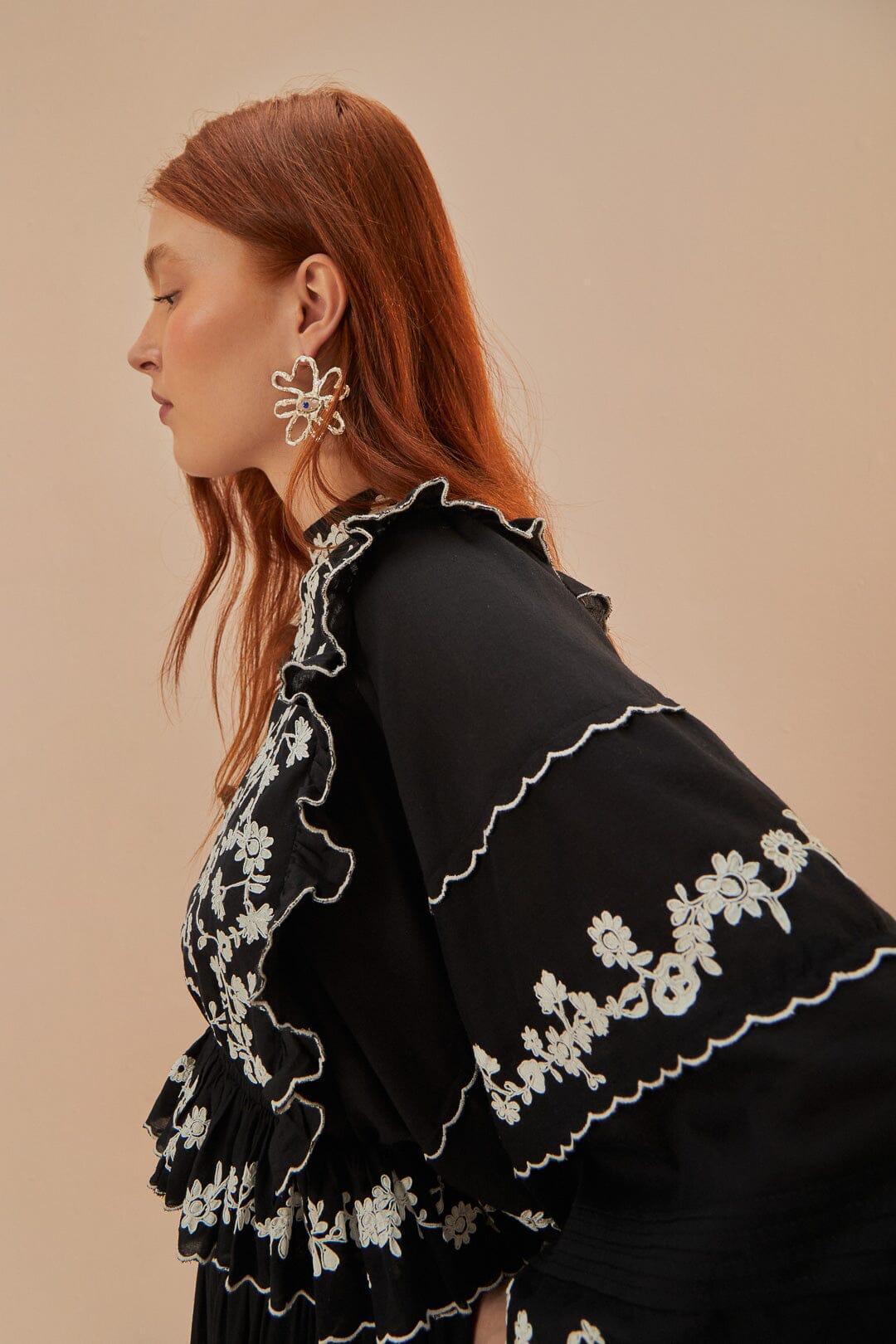 Black Embroidered Ruffle Longe Sleeve Blouse, BLACK / XS Product Image