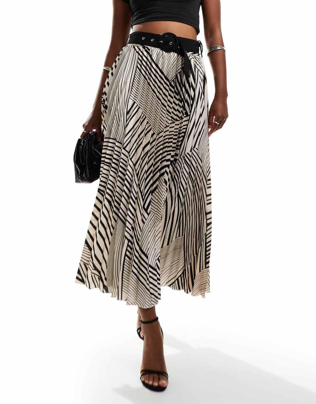 Style Cheat pleated midi skirt with belt in geo print Product Image