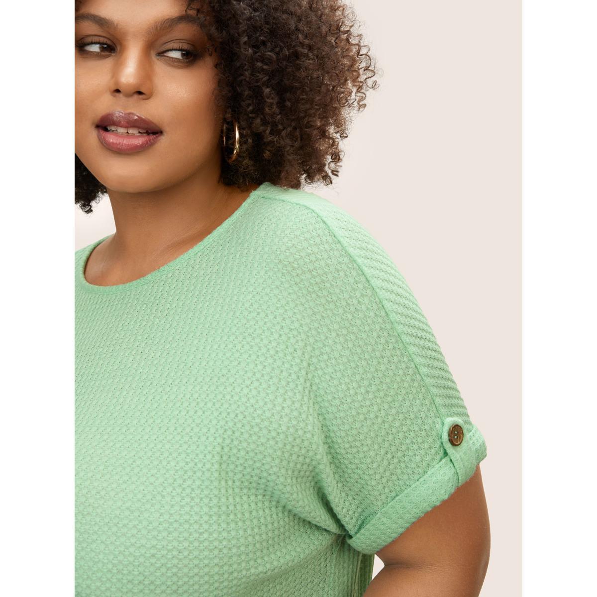 Plus Size Plain Waffle Knit Button Cuff Sleeve T-shirt LightGreen Women Casual Texture Boat Neck Everyday T-shirts BloomChic 30/6X Product Image