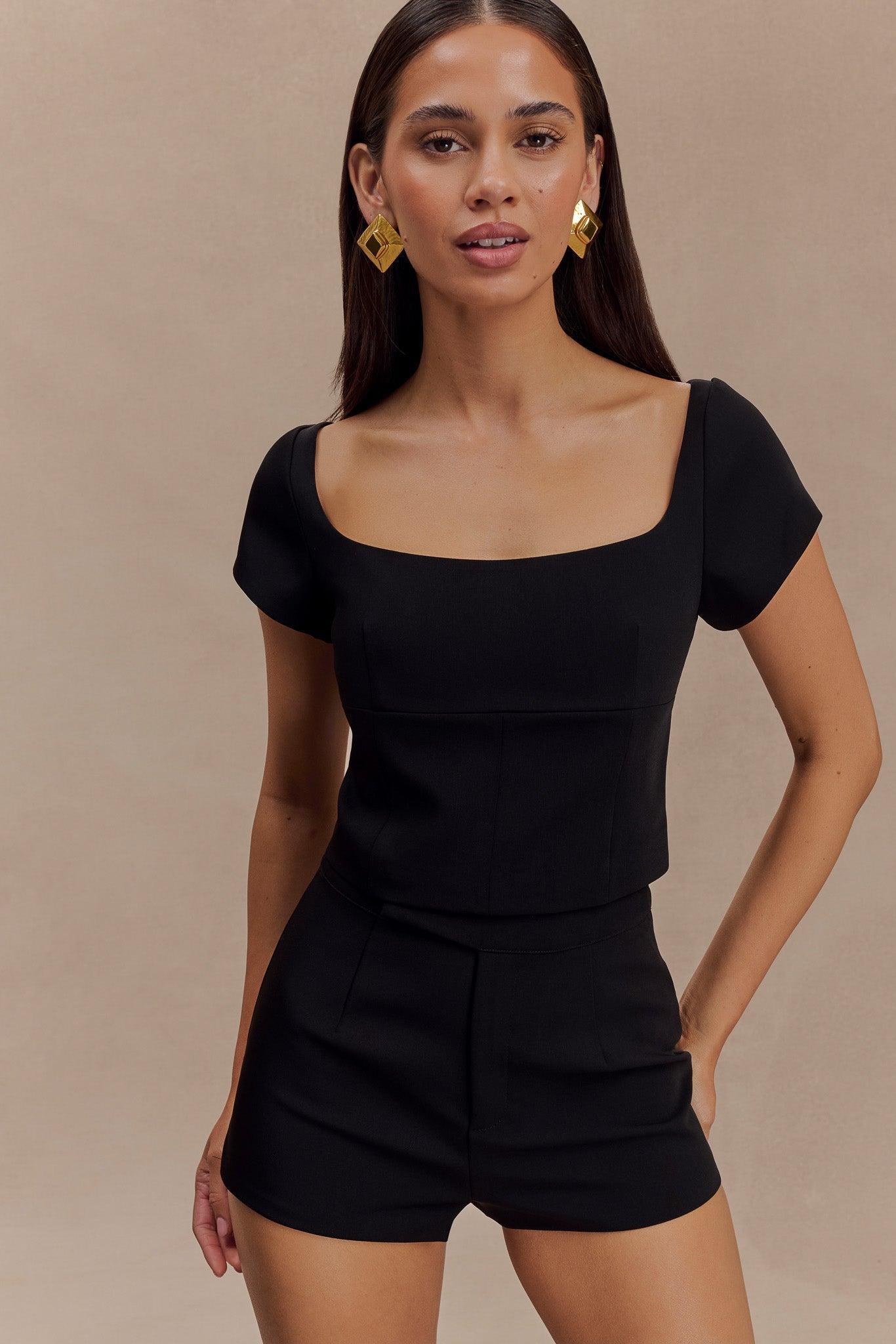 Ellis Cap Sleeve Longline Suiting Top - Black Product Image