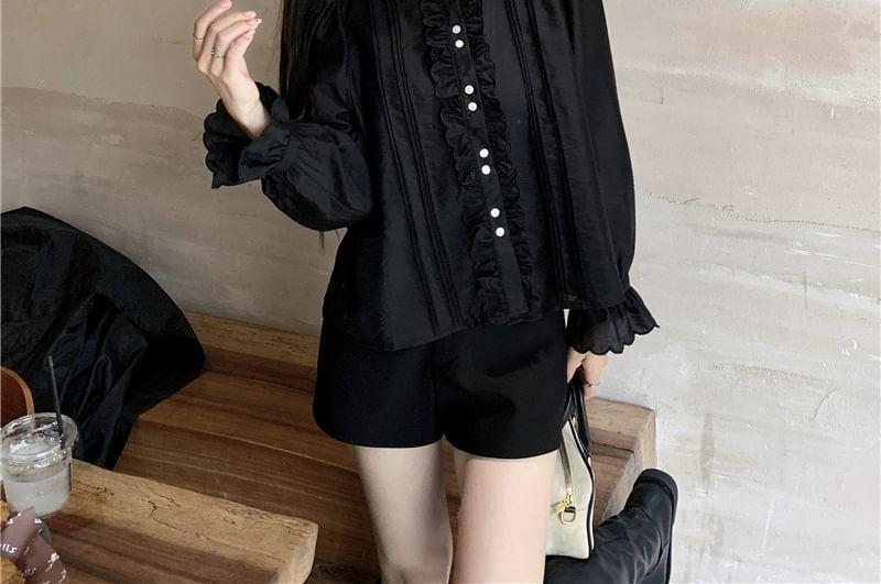 Puff-Sleeve Plain Lace Trim Blouse / Bow Embroidered Mini Jumper Dress Product Image