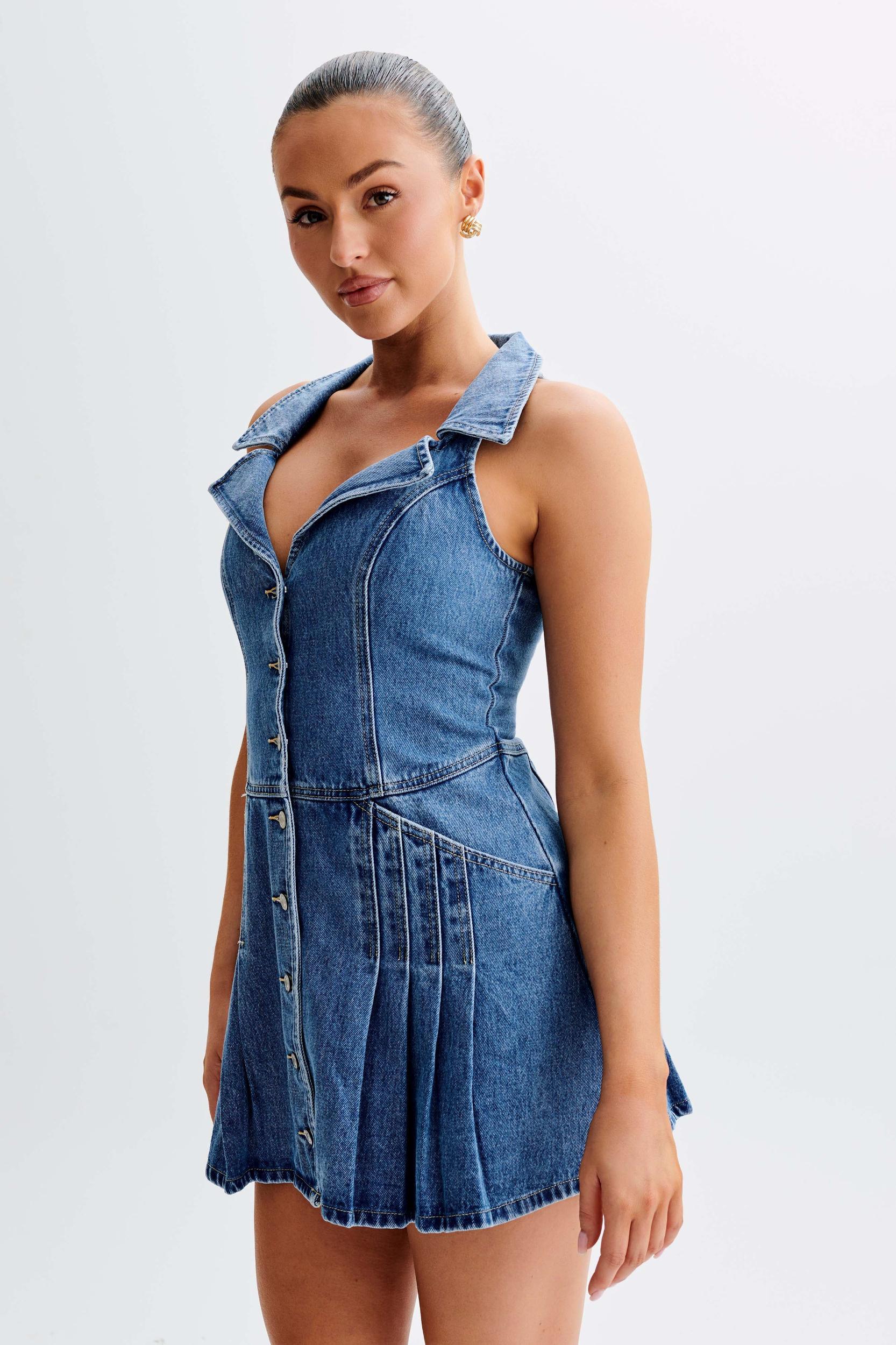 Porter Collared Denim Mini Dress - 70'S Blue Product Image